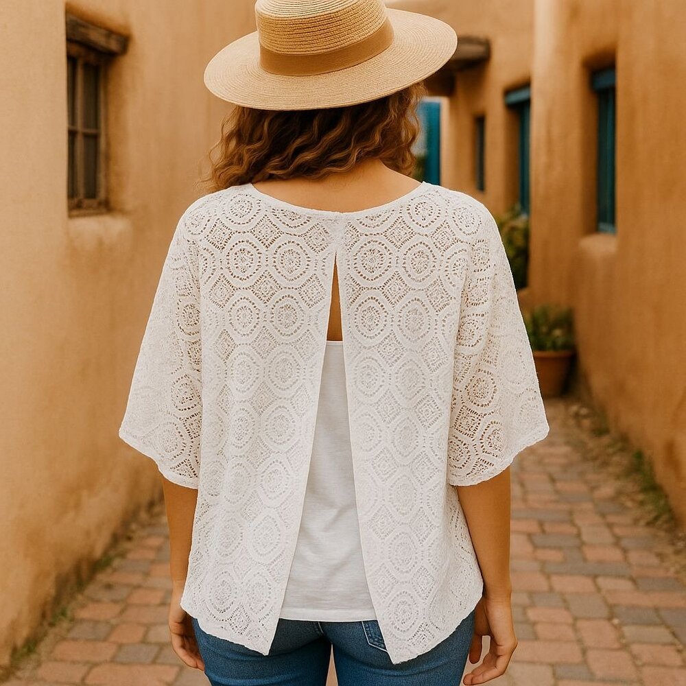 Ivy Ridge White Crochet Lace Blouse With Open Back Flutter Sleeves Boho Style LG - Picture 5 of 10